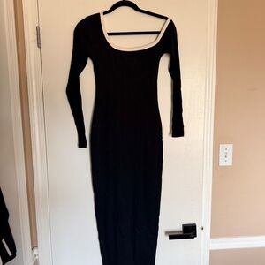 Black Asymmetric Midi Dress with White Trim Neckline
